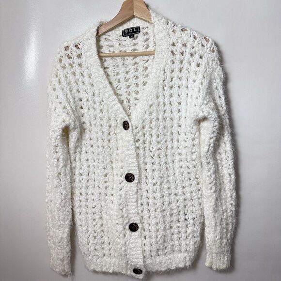 Pol Cardigan Eyelash Ivory Distressed Fuzzy Knit Open Knit Medium - Picture 1 of 8